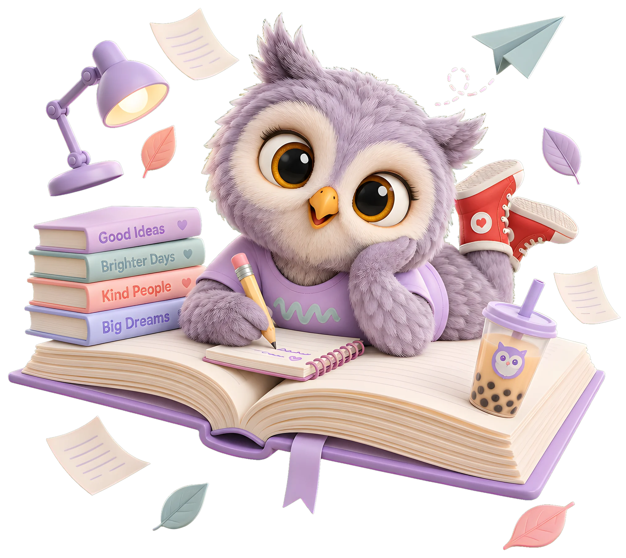 The owl lying on an open book, writing in a notebook, with a lamp, a stack of books and a bubble tea floating around