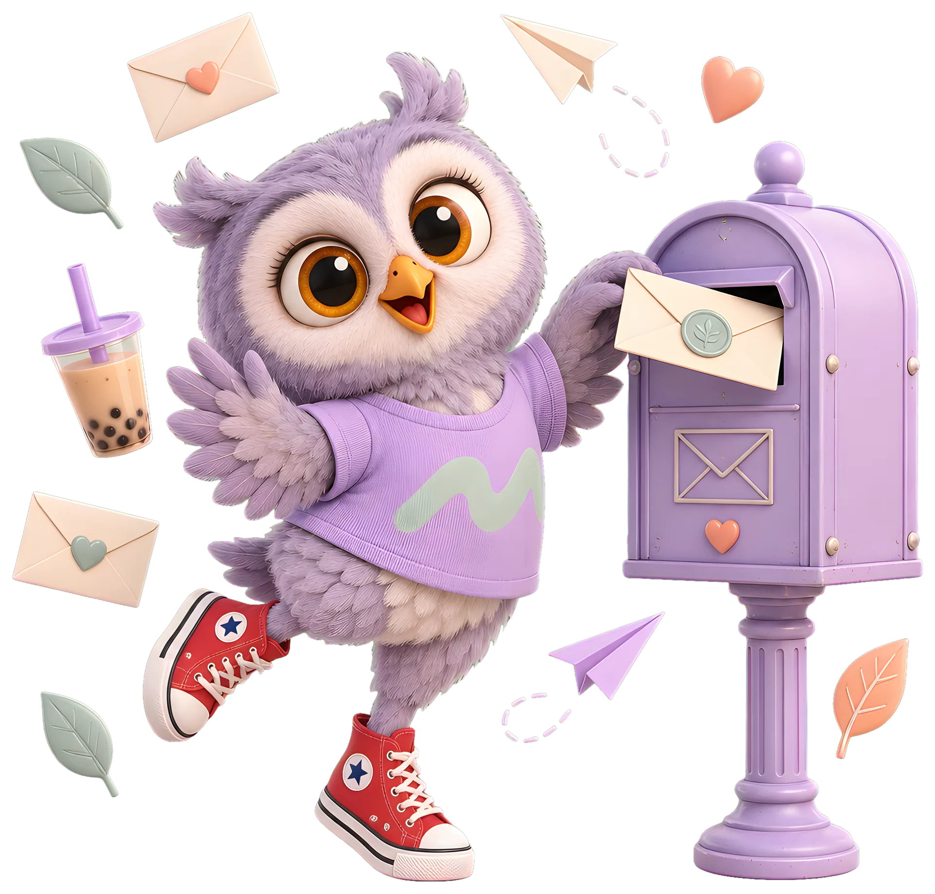 The owl on tiptoe, sliding an oversized envelope into a lilac mailbox and waving