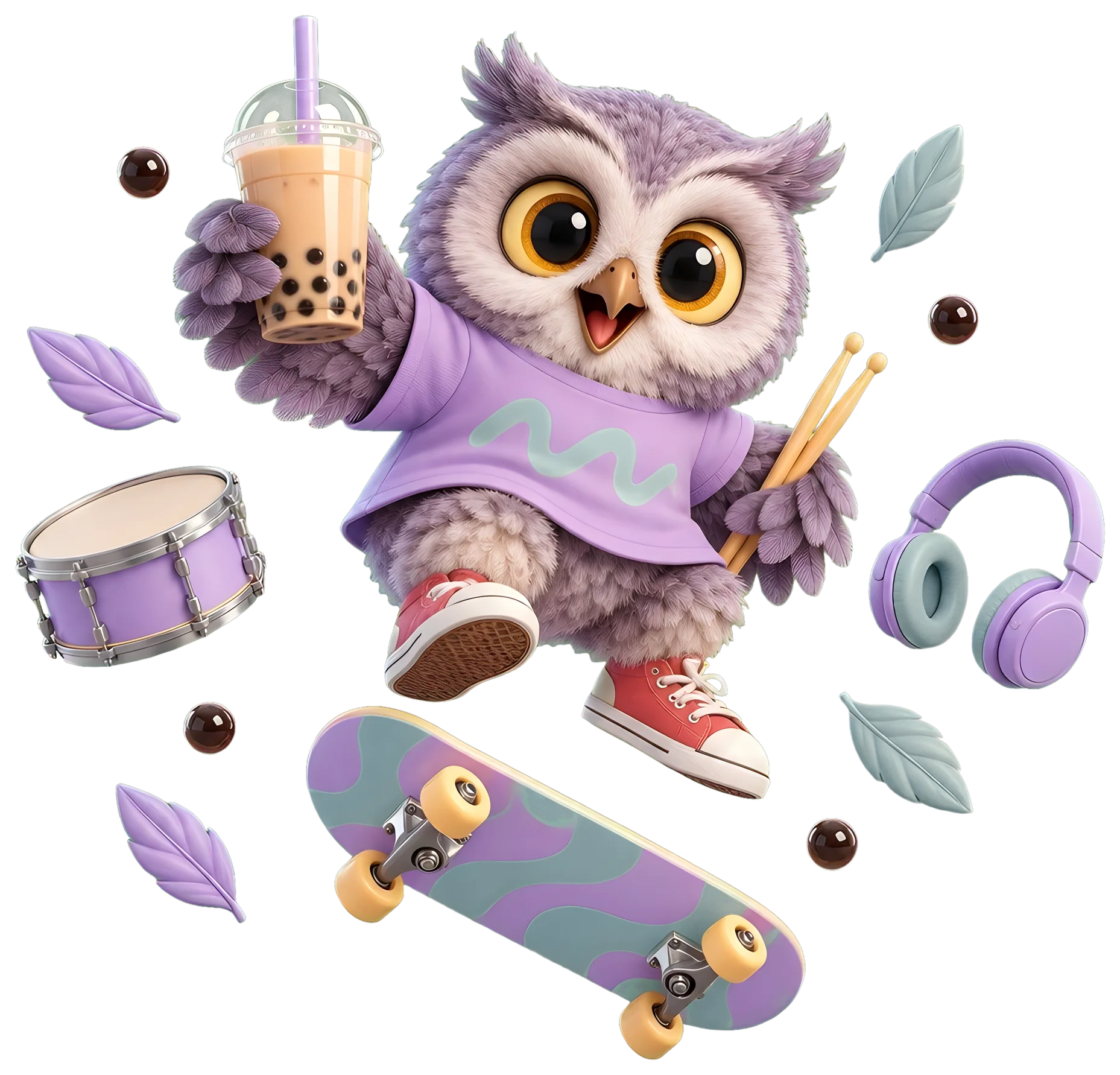 A 3D cartoon owl mid-kickflip on a skateboard, holding a bubble tea, drumsticks under one wing, with a snare drum, headphones and leaves floating around