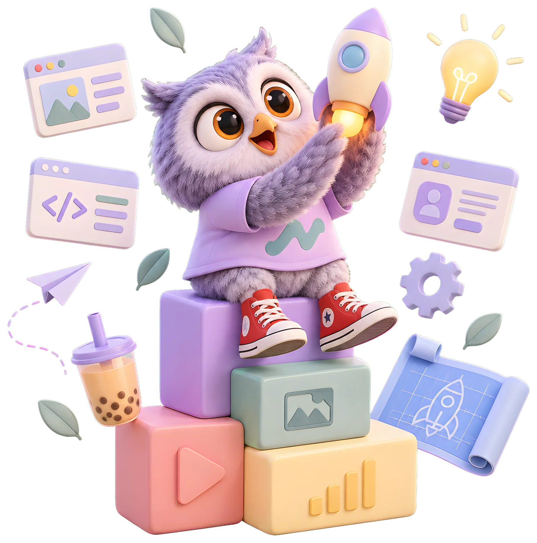 The owl sitting on a stack of pastel building blocks, holding up a small rocket, with app windows, a lightbulb and a blueprint floating around